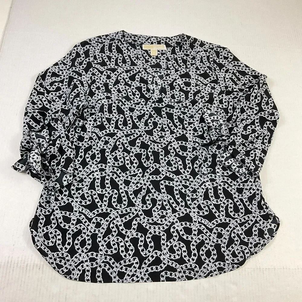 Michael Kors Womens V-Neck Blouse Allover Link Print Tie 3/4 Sleeve Shirt Medium